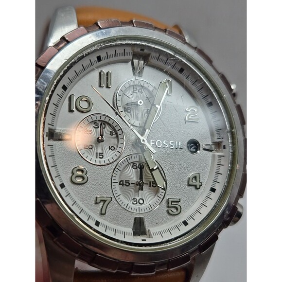 Fossil Dean FS4543 Chronograph Silver Tone Watch Leather 47mm Quartz New Battery - Picture 5 of 14